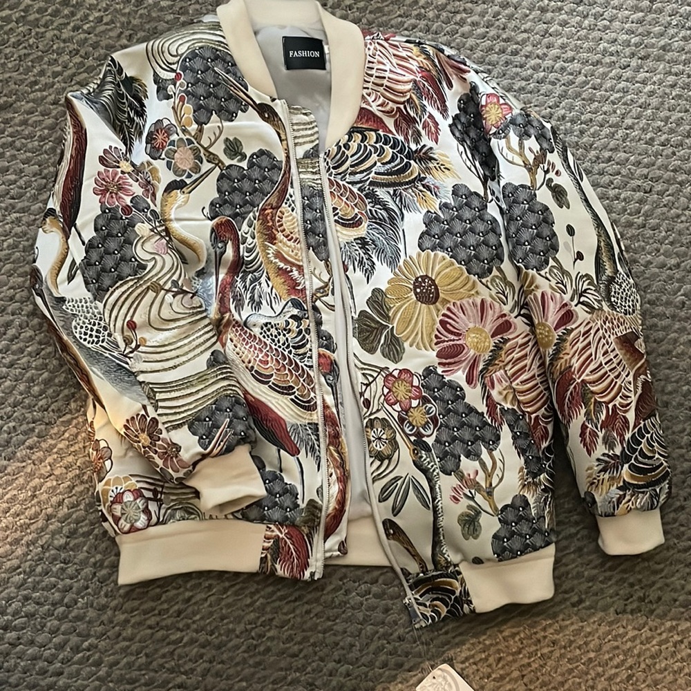Mens cream and embroidered bomber jacket.